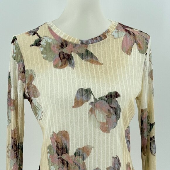 Rachel Rachel Roy Floral Sheer Long Sleeve Top S Beige Multicolor Polyester/Span - Picture 6 of 9